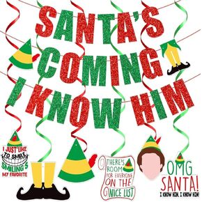 Santa’s Coming I Know Him Banner,Christmas Party Decorations,Christmas Mantle Home Decor,Buddy The Elf Party Supplies for Kids Boy And Girl