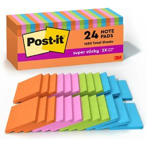 Post-it Super Sticky Notes, 3x3 in, 24 Pads, 2X the Sticking Power, Primary Colors (Red, Yellow, Green, Blue), Recyclable (654-24SSAN-CP)