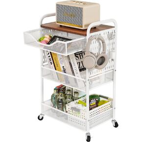 3-Tier Rolling Utility Cart with Wheels - Metal Cart with Wood Tabletop, Slide Drawer and Pegboards & Hooks, Versatile Storage Organizer Cart for Home Office Kitchen, White