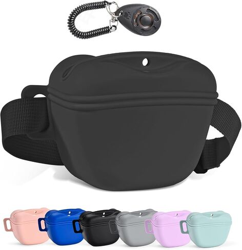 Dog Treat Pouch for Pet Training, 1.67 Cup Magnetic Closure Silicone Dog Treat Bag, Fanny Bag Treat Holder with Waist Belt for Dog Training (Black) in Saudi Arabia