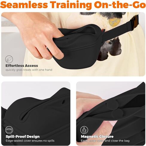 Dog Treat Pouch for Pet Training, 1.67 Cup Magnetic Closure Silicone Dog Treat Bag, Fanny Bag Treat Holder with Waist Belt for Dog Training (Black) in Saudi Arabia