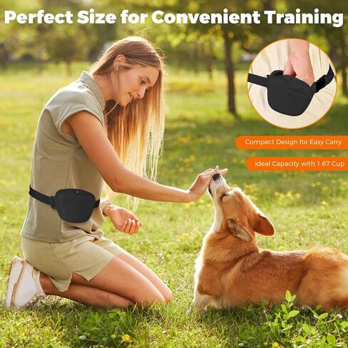Dog Treat Pouch for Pet Training, 1.67 Cup Magnetic Closure Silicone Dog Treat Bag, Fanny Bag Treat Holder with Waist Belt for Dog Training (Black) in Saudi Arabia