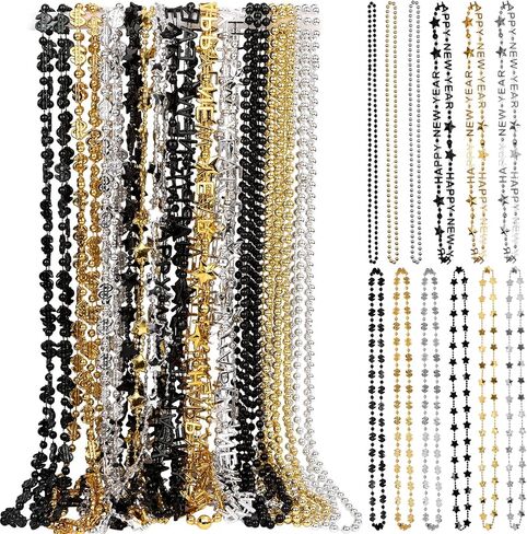 72 قطعة من قلادة رأس السنة الجديدة السعيدة من الخرز 2025 قلادة من الخرز الذهبي والفضي الأسود 4 أنواع متنوعة من الخرز لمستلزمات تزيين حفلات الذكرى السنوية والسنوات الجديدة in Kuwait