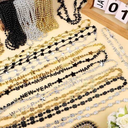 72 قطعة من قلادة رأس السنة الجديدة السعيدة من الخرز 2025 قلادة من الخرز الذهبي والفضي الأسود 4 أنواع متنوعة من الخرز لمستلزمات تزيين حفلات الذكرى السنوية والسنوات الجديدة in Kuwait