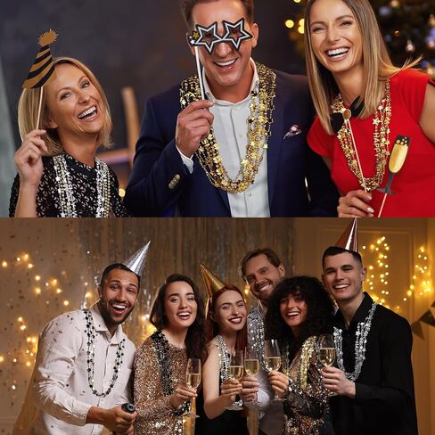 72 قطعة من قلادة رأس السنة الجديدة السعيدة من الخرز 2025 قلادة من الخرز الذهبي والفضي الأسود 4 أنواع متنوعة من الخرز لمستلزمات تزيين حفلات الذكرى السنوية والسنوات الجديدة in Kuwait