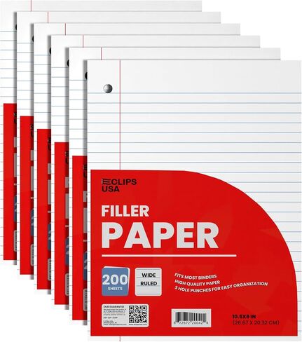 Notebook Paper, Loose Leaf Paper (3 Pack), Wide Ruled Paper, 10.5? x 8?, Filler Paper, 200 Sheets Per Pack, 60 gsm (3 Pack) in Kuwait