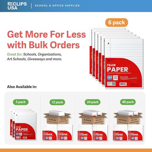 Notebook Paper, Loose Leaf Paper (3 Pack), Wide Ruled Paper, 10.5? x 8?, Filler Paper, 200 Sheets Per Pack, 60 gsm (3 Pack) in Kuwait