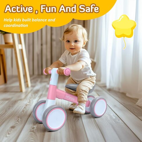 INFANZIA Baby Balance Bike for 12-36 Month Boys Girls, 1 Year Old Toddler First Bike No Pedal with Adjustable Seat, Infant 4 Wheels Bicycle Ride On Toys Kids First Birthday Gifts in Kuwait
