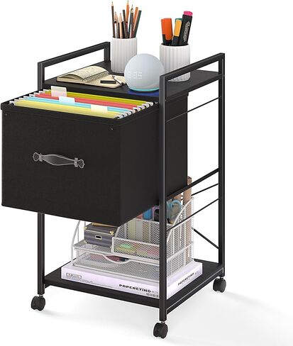 طاولة طباعة مربعة كبيرة مقاس 15.8 بوصة من VECELO مع مساحة تخزين للملفات تناسب حجم الحروف، حامل طابعة متدحرج مع رف ومقابض من طبقتين، حامل طابعة تحت المكتب للمكتب المنزلي، بني + أسود in Kuwait