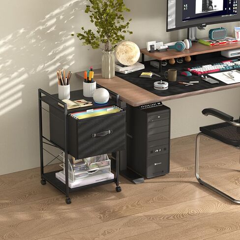 طاولة طباعة مربعة كبيرة مقاس 15.8 بوصة من VECELO مع مساحة تخزين للملفات تناسب حجم الحروف، حامل طابعة متدحرج مع رف ومقابض من طبقتين، حامل طابعة تحت المكتب للمكتب المنزلي، بني + أسود in Kuwait