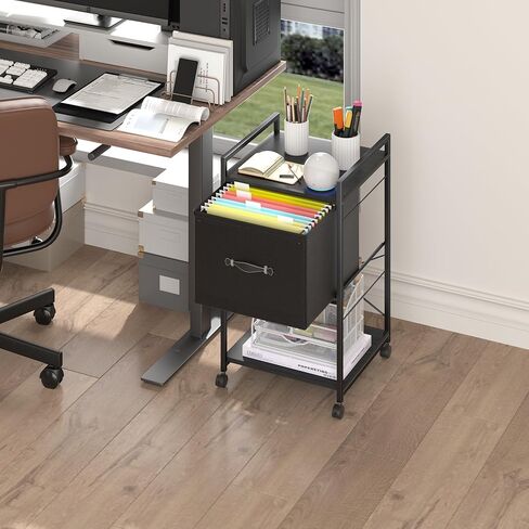 طاولة طباعة مربعة كبيرة مقاس 15.8 بوصة من VECELO مع مساحة تخزين للملفات تناسب حجم الحروف، حامل طابعة متدحرج مع رف ومقابض من طبقتين، حامل طابعة تحت المكتب للمكتب المنزلي، بني + أسود in Kuwait