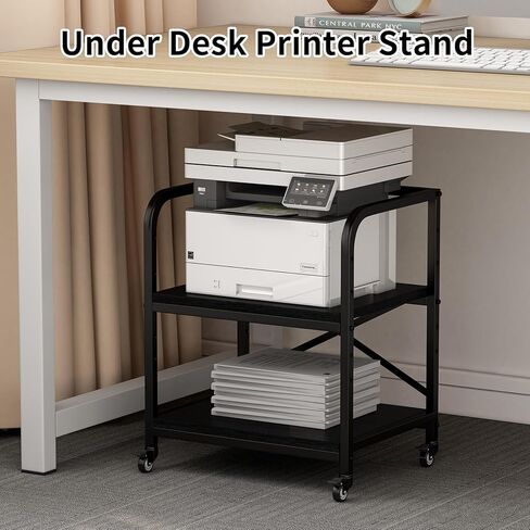 20 Inches Large Printer Stand, 2-Tier Under Desk Printer Table with Height Adjustable Shelf, Rolling Printer Cart with Industrial Wheels for Home Office (White) in Saudi Arabia