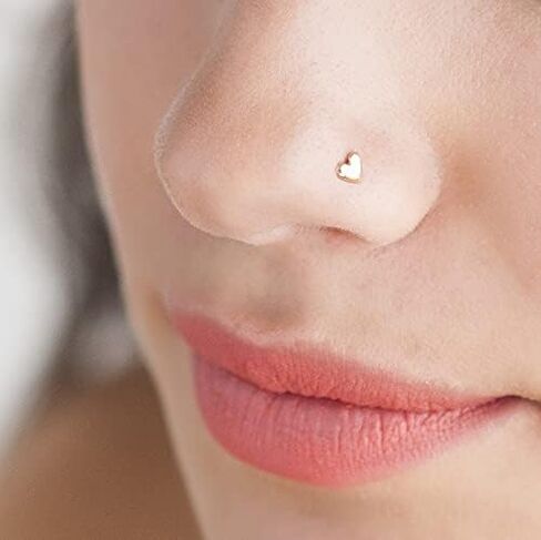 Rose Gold Heart Nose Stud. 20G (0.8 mm), Screw Shape. Small Dainty 14K Solid Gold Nostril Nose Piercing/Single Cartilage Helix Earring, Handmade Cool Love Jewelry Gift by HeartAttackOM in Saudi Arabia