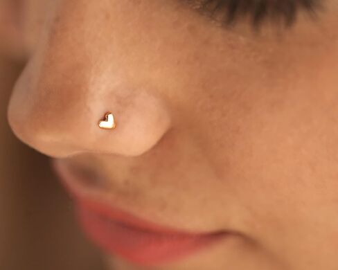 Rose Gold Heart Nose Stud. 20G (0.8 mm), Screw Shape. Small Dainty 14K Solid Gold Nostril Nose Piercing/Single Cartilage Helix Earring, Handmade Cool Love Jewelry Gift by HeartAttackOM in Saudi Arabia