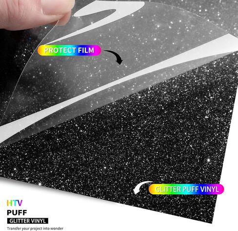 TransWonder Black Puff-Glitter-Vinyl-Heat-Transfer 3D Puff Vinyl Puff Heat Transfer Vinyl - 12x6ft. Puff Glitter Vinyl Heat Transfer Puff Iron on Vinyl for Cricut T Shirts (Black) in Kuwait