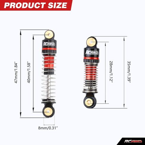 RCAWD Hole to Hole 40mm Shocks Oil Filled & Wheel Lock Nut for Axial 1/24 SCX24 Front Rear Shock Upgrades Part Silver in Saudi Arabia