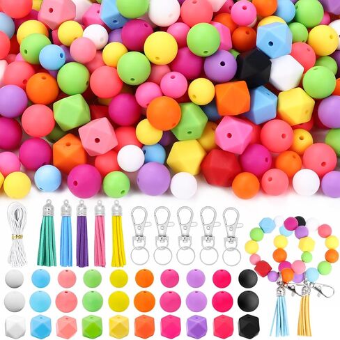 121 PCS Silicone Beads for Keychain Making Kit,12mm 15mm Round 14mm Polygonal Rubber Beads Multicolor Bulk Silicone Loose Beads for DIY Necklace Bracelet Jewelry Making Supplies in Saudi Arabia