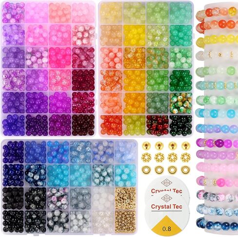 8mm Glass Beads Bracelet Making Kit, 1540pcs 70 Colors Crystal Beads for Jewelry Making, Funtopia Round Glass Beads for Bracelets and DIY Crafts, Solid and Crackle Colors in Kuwait