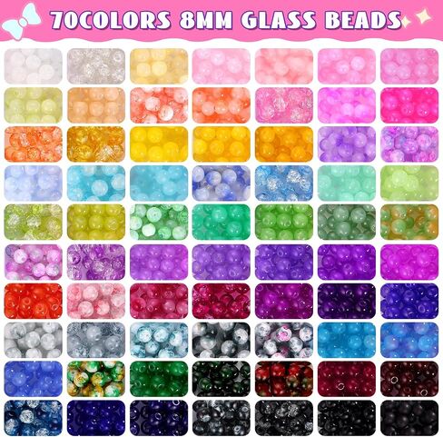 8mm Glass Beads Bracelet Making Kit, 1540pcs 70 Colors Crystal Beads for Jewelry Making, Funtopia Round Glass Beads for Bracelets and DIY Crafts, Solid and Crackle Colors in Kuwait