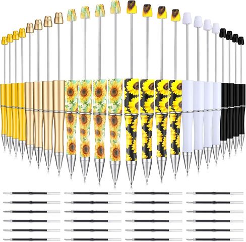 24 Pcs Beadable Pens Bulk Cow Print DIY Pink Plastic Beaded Black Ink Ballpoint Pens for Students Teachers Gifts Office School Supplies(Cow) in Kuwait