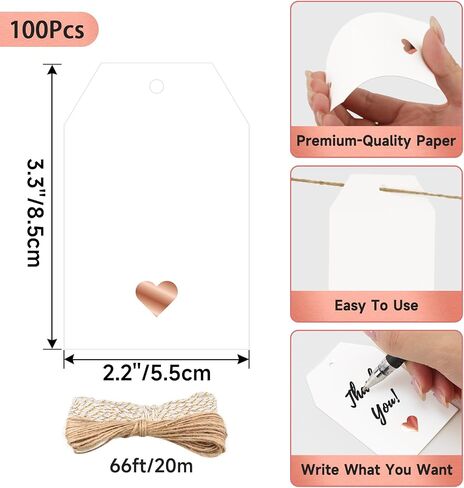 Anwyll Gift Tags with String Attached,100Pcs Hang Paper Gift Wrap Tags Design with Rose Gold Heart,White Gift Bag Tags,Blank Gift Label Tags for Present Birthday Valentines Mothers Day Christmas Party in Saudi Arabia