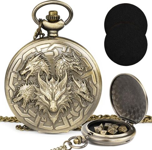 Kabinka DND Dice Set, 7pcs Mini Metal Dice with Pocket Watch Shell, Portable D&D Dice with Necklace, Dungeons and Dragons Dice for RPG(Five-Headed Dragon, Bronze) in Kuwait