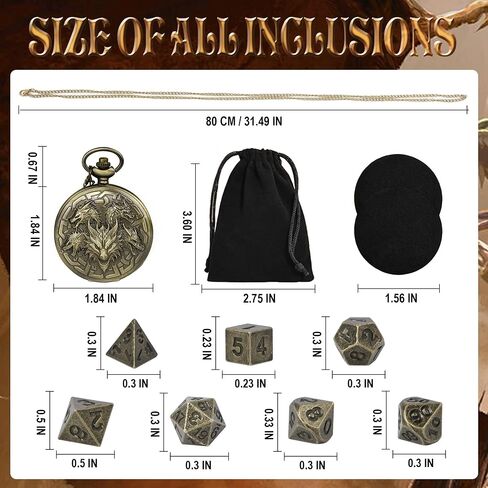 Kabinka DND Dice Set, 7pcs Mini Metal Dice with Pocket Watch Shell, Portable D&D Dice with Necklace, Dungeons and Dragons Dice for RPG(Five-Headed Dragon, Bronze) in Kuwait