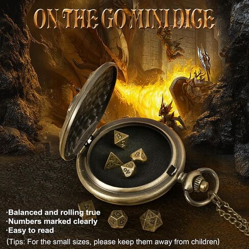 Kabinka DND Dice Set, 7pcs Mini Metal Dice with Pocket Watch Shell, Portable D&D Dice with Necklace, Dungeons and Dragons Dice for RPG(Five-Headed Dragon, Bronze) in Kuwait