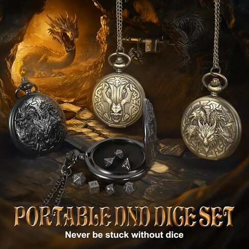 Kabinka DND Dice Set, 7pcs Mini Metal Dice with Pocket Watch Shell, Portable D&D Dice with Necklace, Dungeons and Dragons Dice for RPG(Five-Headed Dragon, Bronze) in Kuwait