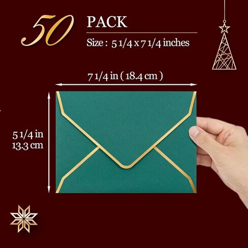 مظاريف دعوة، 50 حزمة مظاريف 5 × 7 للدعوات، مظاريف ملونة بحدود رقائق الذهب، A7، 5 1/4 × 7 1/4 بوصة، ألوان عيد الميلاد، أحمر، أخضر in Kuwait