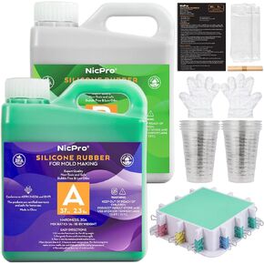 Nicpro 74oz Silicone Mold Making Kit, Liquid Silicone Rubber for Mold Making, Jade Green Flexible & Food Safe Silicone Mold Kit, Mix Ratio 1:1 Casting Silicone for Resin Molds with Mold Housing