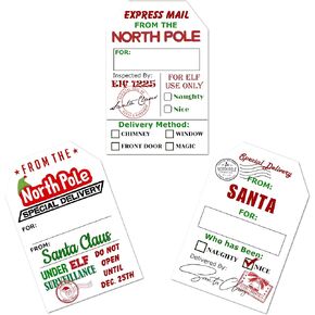 from Santa Claus Gift Tags, Glossy White 2" x 3" Inch Stickers, Delivery from The North Pole Christmas Labels. 48 Labels. Made in USA