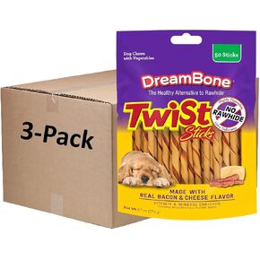 Dreambone Twist Sticks with Real Bacon and Cheese Flavor 50 Count, Rawhide-Free Chews for Dogs (3 Pack)