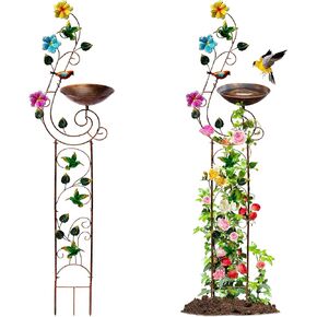 57" Height Metal Bird Bath with Trellis for Outdoor, Vintage Decorative Bird Baths, Small Garden Plant Support, Antique BirdBath for Climbing Plants with Detachable Iron Bowl (Hummingbird)