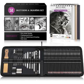 HIFORNY 58 PCS Drawing Kit Sketching Pencil Set,Sketch Pencils Art Supplies with 3-Color Sketchbook,Graphite,Charcoal,Blending Tools,Drawing Pencils for Adults Artists