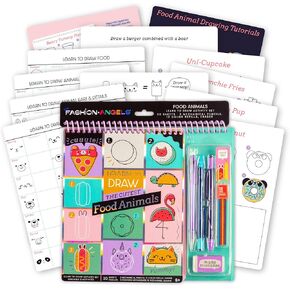 Fashion Angels Step-by-Step Learn to Draw Food Animals Portfolio - 30 Sheets, 3 Mechanical Pencils, 12 Color Refills, 1 Eraser - Instructional Kawaii Sketch Book for Adults and Kids - Ages 6 and Up