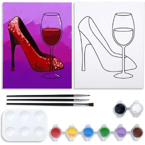 VOCHIC Canvas Painting Kit Pre Drawn Canvas for Painting for Adults Party Kits Paint and Sip Party Supplies 8x10 Canvas to Paint Girl High Heels Glass 8 Colors,3 Brush,1 Pallet Paint Art Set