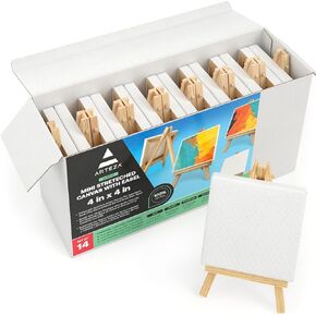 ARTEZA Mini Canvases for Painting with Easels, Pack of 14, 4 x 4 Inches, 100% Cotton, 8 ounces Primed Stretched Canvas Bulk, Pine Wood Easels