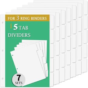 Binder Dividers for 3 Ring Binder, 7 Sets Blank Write On Page Dividers with 5 Tabs, 1/5 Cut Tabs, 3 Hole 5 Tab Binder Dividers for School Office Home, 35 Dividers, Letter Size, White
