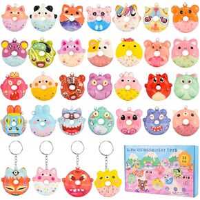 GOLDGE Assorted 32 Pack Squishy Donut Keychains & Critter-Shaped Toys - Colorful and Fun Party Favors, Goodie Bag & Pinata Stuffers, Classroom & Carnival Prizes, Treasure Box Toys for Boys and Girls