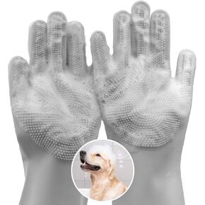 Pet Grooming Gloves—Heat Resistant Dog Washing Gloves with High-Density Teeth, Dog Bath Scrubber with Enhanced Five Finger Design, Silicone Gloves for Dogs and Cats Bathing, Massage (Gray)