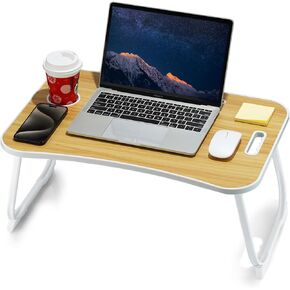 Laptop Bed Desk, Foldable Lap Table, Portable Study Table, Laptop Stand with Cup Holder & Tablet Slot & Lifting Handle for Working Writing Drawing & Eating - Black