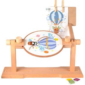 Embroidery Hoop Stand Holder, Adjustable Table Embroidery Stand for Needlework, Wooden Cross Stitch Stand Holder for 2 People Embroider with Instruction Board