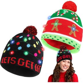 Blowata Christmas Hat Light Up Christmas Knitted Beanie Hat, Cute Cartoon Design Xmas Knit Cap with 6 Colorful LED Lights