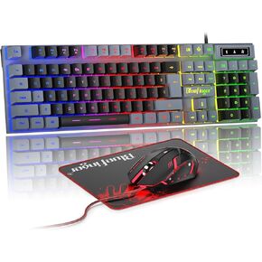 RGB Gaming Keyboard and Backlit Mouse Combo, USB Wired, LED Gaming Set for Laptop PC Computer Game and Work(White) (White)