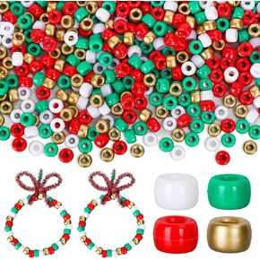 Whaline 1000Pcs Christmas Pony Beads with 100Pcs Glitter Chenille Stems Pipe Cleaners 4 Mixed Colors Xmas Craft Plastic Beads for DIY Craft Necklace Bracelet Jewelry Making Supplies