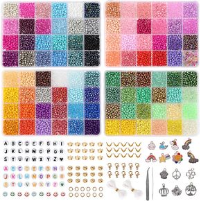 QUEFE 48000pcs Glass Seed Beads Kit for Jewelry Making, 96 Colors 2mm Small Beads with Pendant Charms and Letter Beads for Friendship Bracelet, Necklace Ring Making