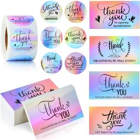 620Pcs 1.5'' Thank You Stickers Roll and Business Cards Set, Thank you for Supporting My Small Business, Thank You Labels for Retail Store Package Insert Envelope Seals (Holographic)