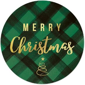 Mobiusea Creation Merry Christmas Stickers | Envelope Seals | 1.4 inch | Gold Foil | Green Buffalo Plaid Labels | Waterproof | 135-Pack for Holiday Stickers for Envelopes, Holiday Cards