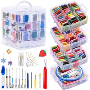 Jupean Embroidery Starter Kit, Embroidery Supplies Including Punch Needle Tool, 150 Colors Embroidery Thread Cross Stitch Thread with Organizer Storage Box, Floss Bobbins, Embroidery Frame